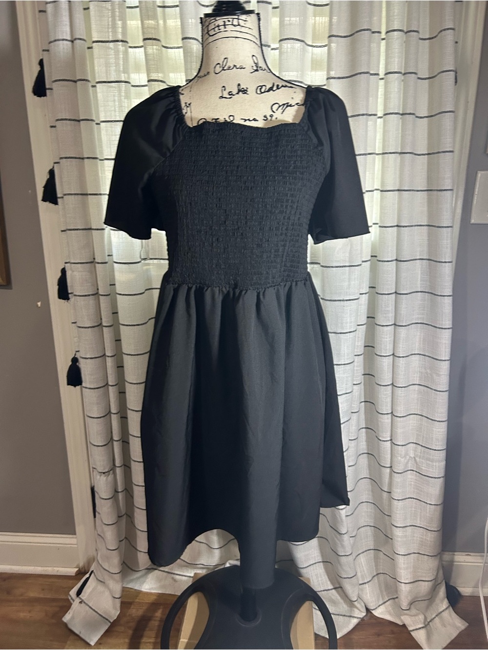SHEIN Black Smocked Square Neck A-Line Dress